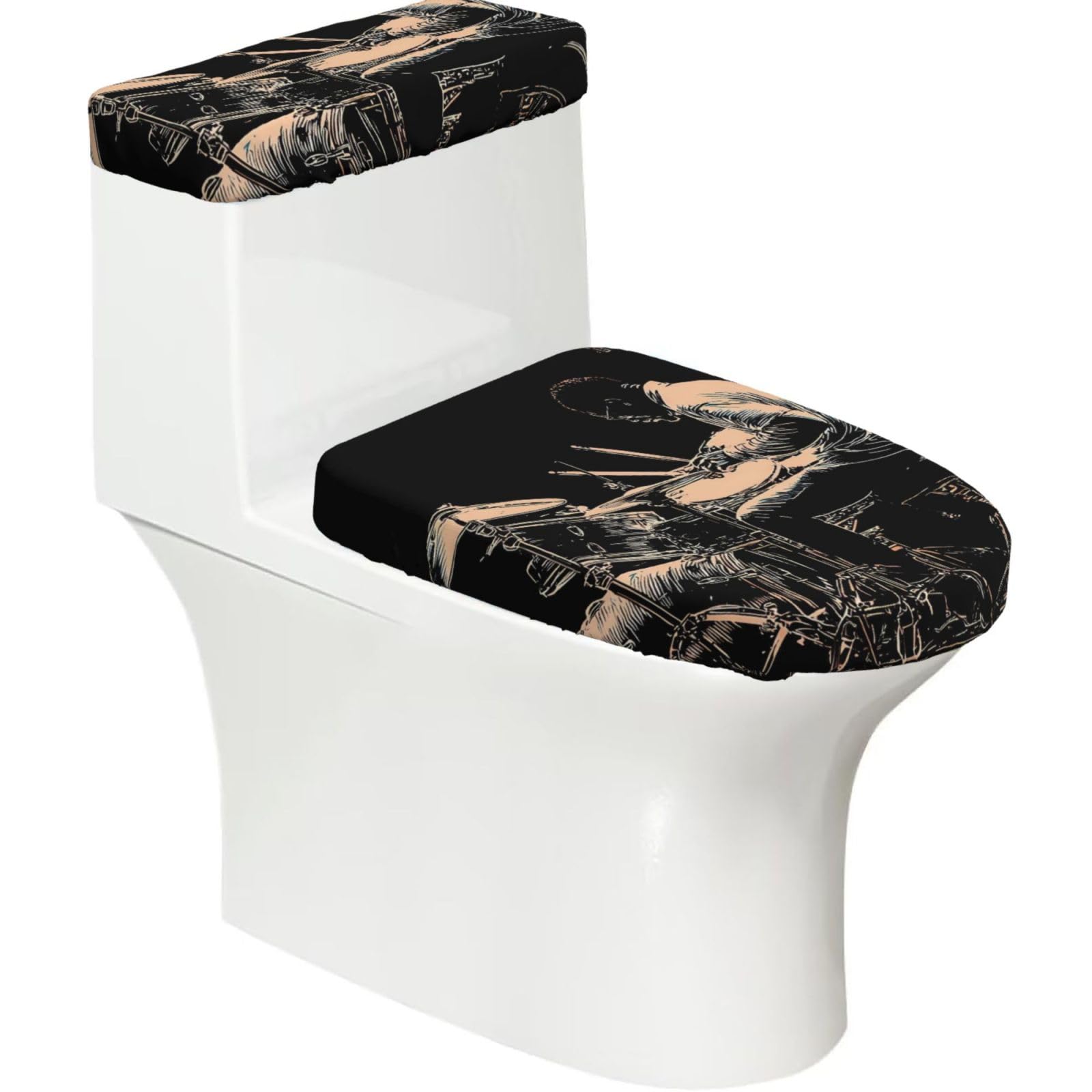 X Psblty Drummer Toilet Seat Cover Set 2 Piece Bathroom Decor Toilet Lid Cover With Tank Top Cover Stretch Fit Soft Fabric For Home 15-21 Inch