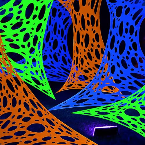 Image of JOYIN 1000sqft Halloween Spider Web Decoration Outdoor, Glow-in-the-Dark Giant Spiderweb, DIY Stretchy Flexible Beef Netting in White (Blue at Night) Green, Orange for Neon Decor Indoor Haunted House