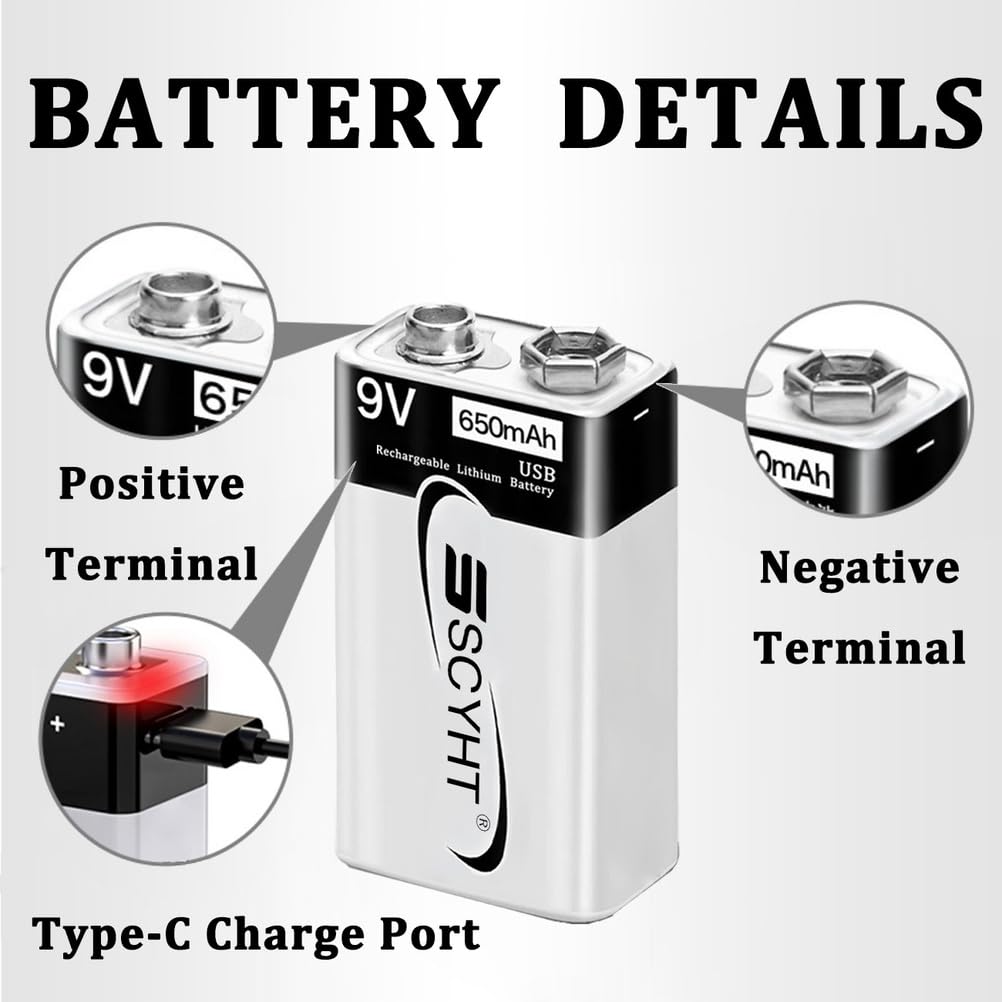 Akumulator litowo-jonowy 9 V akumulator USB, 650 mAh baterie litowe do czujnika dymu 9 V kwadratowe baterie z kablem typu C, szybkie ładowanie 1 godz.,9v650mah 8pack