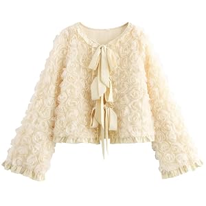ebossy Womens Collarless Tie Front Blazer Elegant Floral Long Sleeve Casual Slim Y2k Crop Jacket Coat