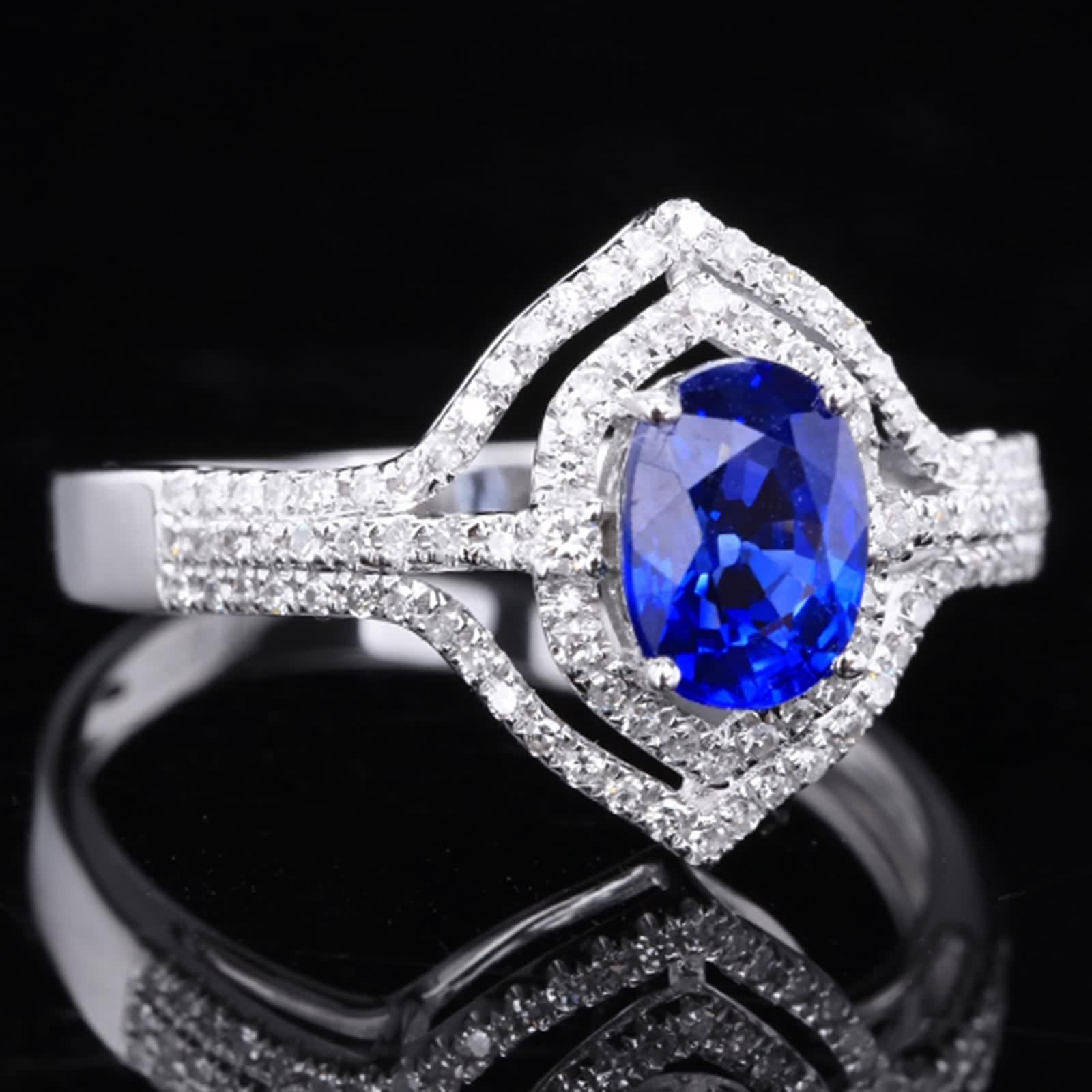 Anello Donna Oro Bianco 18K Vero, Fede Nuziale Blu Zaffiro Creato In Laboratorio Svuotare Oro Bianco con Moissanite Gioielli Di Moda