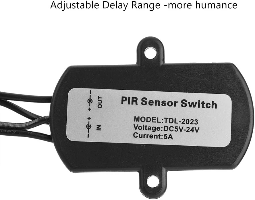 Close-up of the FOSA PIR Sensor Switch label showing model TDL-2023, Voltage DC5V-24V, Current 5A