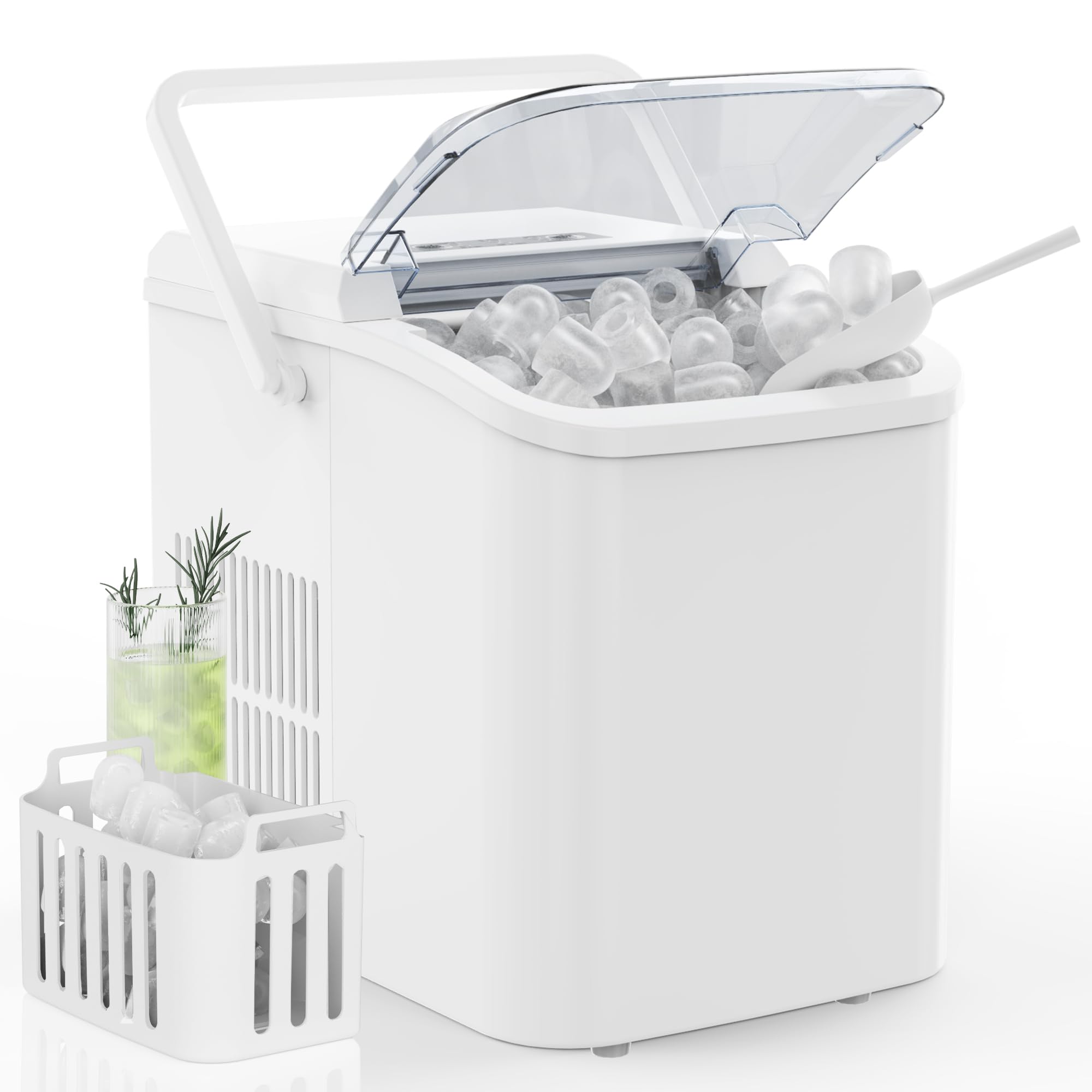 Dumos Countertop Ice Maker With Handle, 26lbs/24h Portable Ice Machine, 9 Bullet Ice Cubes Ready In 6 Mins, Self-Cleaning, Quiet Compact Ice Maker For Home, Kitchen, RV, Camping, White on Fridge.com - View 1