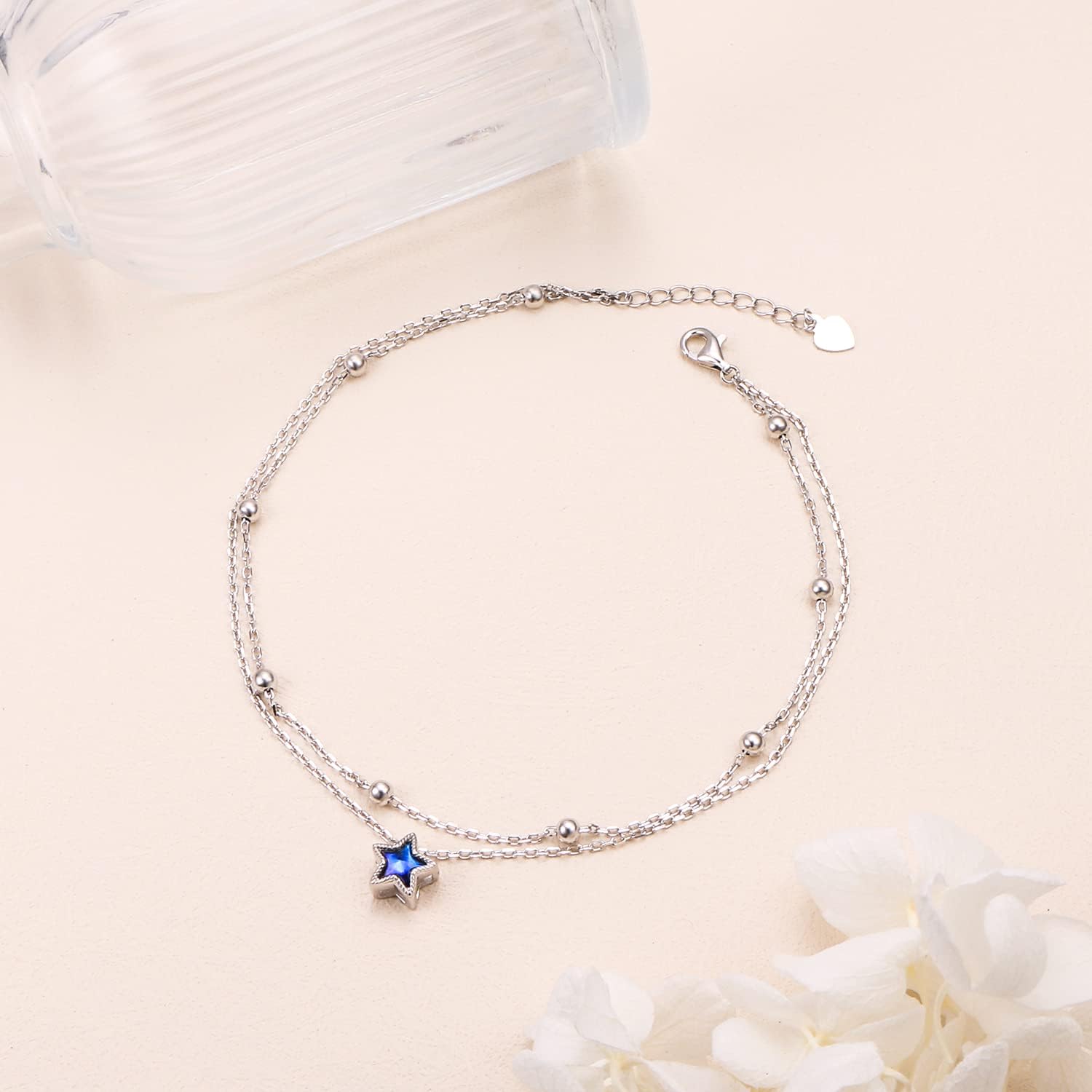 DAOCHONG Double Foot Chain Layer Ankle Bracelets for Women S925 Sterling Silver 3 Blue Stars Beads Chain Double Layer Anklet Beach Jewelry Anklet 9+1.5 inches