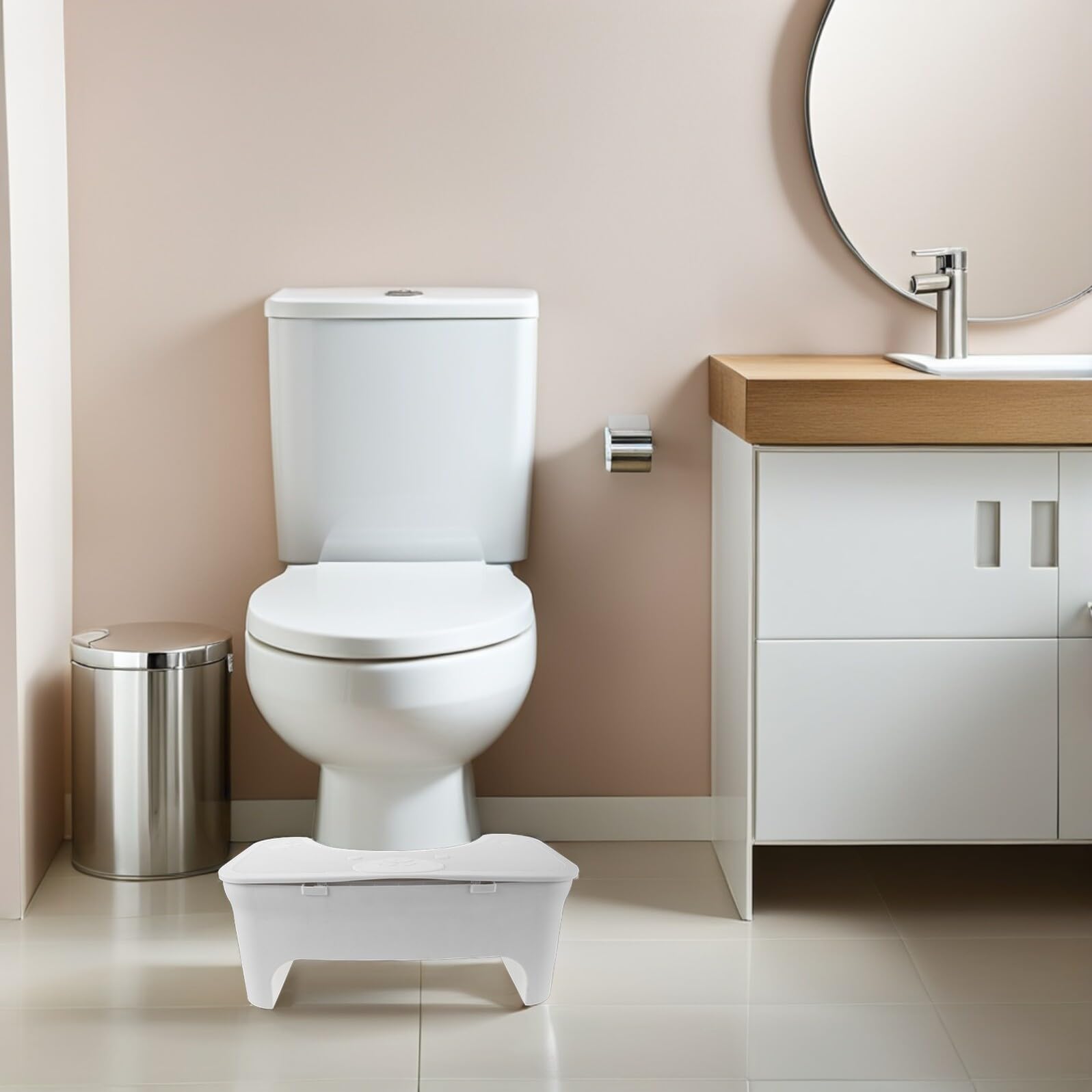 Sgabello da Bagno per Wc Antiscivolo Spesso in Plastica Bianco | Vano Contenitore, Struttura Compatta, Supporto Stabile per Casa e Hotel, Adatto a Ragazzo Ragazza e Anziani