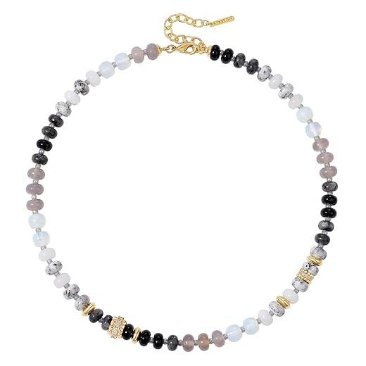 KissYan Beaded Necklaces for Women, Adjustable Natural Gemstone Choker with 14K Gold Plated Cubic Zirconia Beads Handmade Jewelry Gift