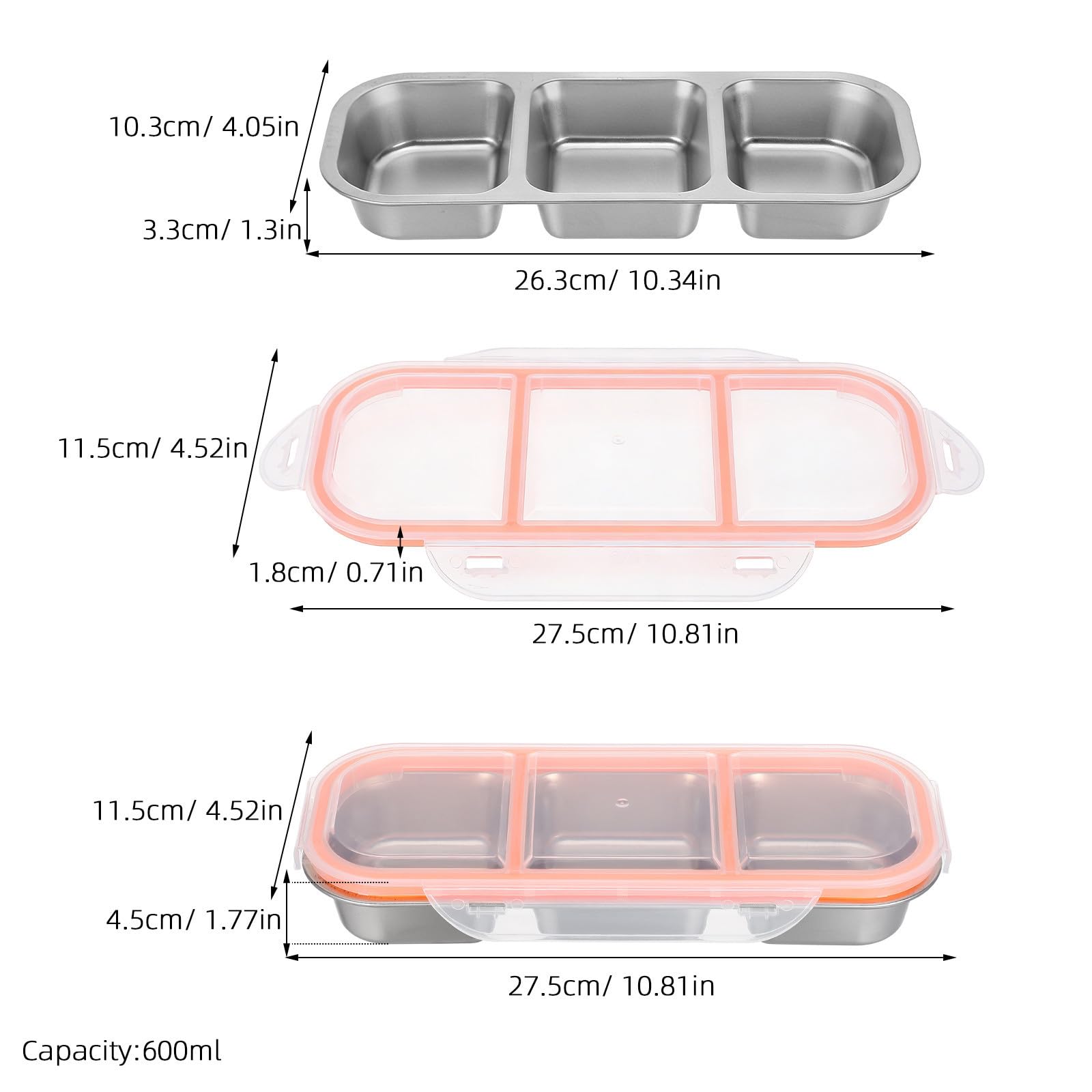 Caja Bento de Acero Inoxidable para Refrigerios de 3 Compartimentos 600 Ml