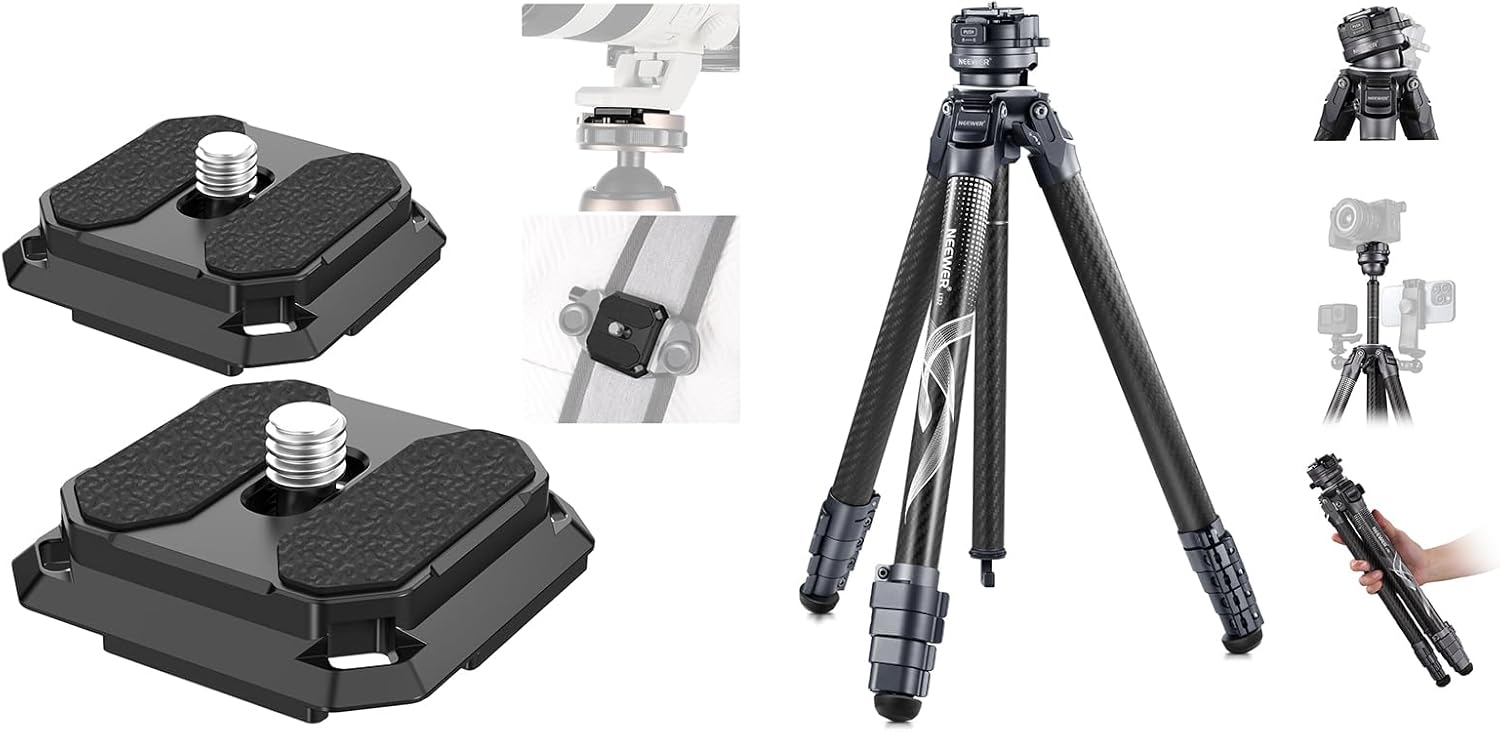 NEEWER QPR-5 2 Pack Quick Release Plate 38mm Square Arca Type QR Camera Mount Plate Compatible with Peak Design Capture V3 Camera Clip, Shoulder Strap Switch, LITETRIP LT32 62" Travel Tripod Included