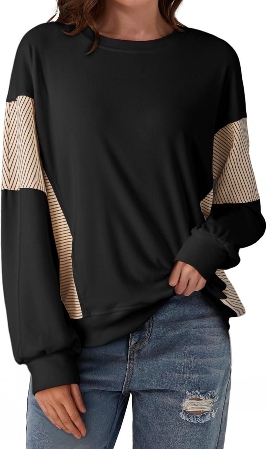 Dokotoo Oversized Crewneck Sweatshirt for Women Long Sleeve Soft Knit Tops Striped Contrast Tunic Shirts Fall Winter Clothes