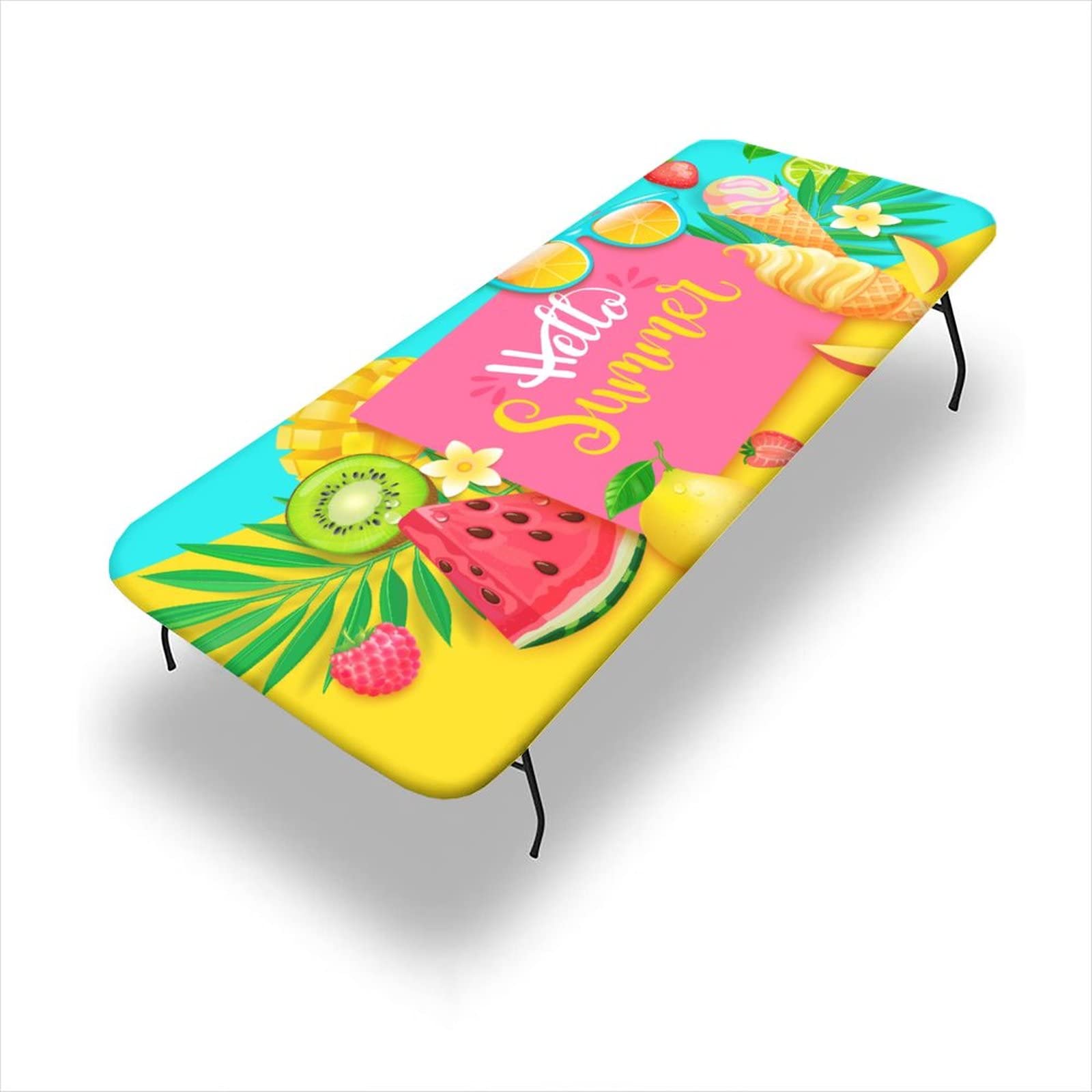 SongYi Summer Tablecloth Rectangle, Waterproof Fitted Table Cloth for Outdoor Picnic Parties, Fresh Theme Elastic Edged Washable Cover 4 Foot Folding Table, HotPink Yellow, ft, 24x48 inch