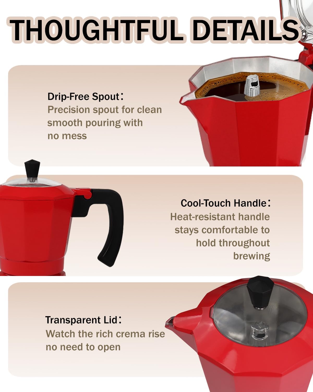 Electric Moka Pot with Detachable Base Aluminum Espresso Maker 10oz 6 Cup 300ml Red Italian Coffee Maker for Kitchen Home 110V