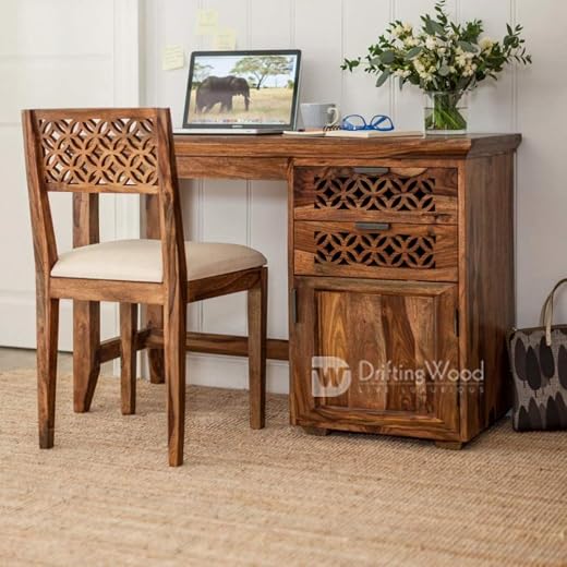 DRIFTINGWOOD Sheesham Wood Writing Study Table for Home and Office with Chair | Study Desk | Natural Honey Finish