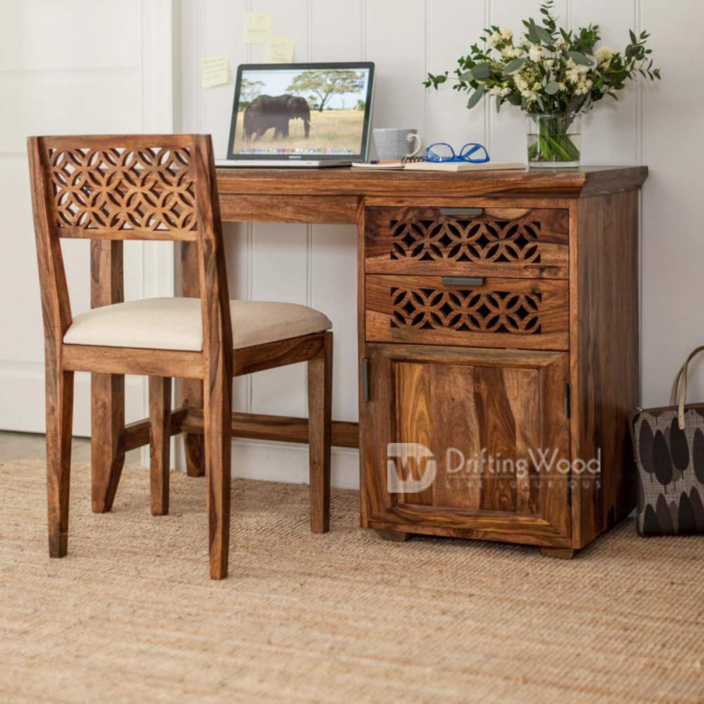 DRIFTINGWOOD Sheesham Wood Writing Study Table for Home and Office with Chair | Study Desk | Natural Honey Finish