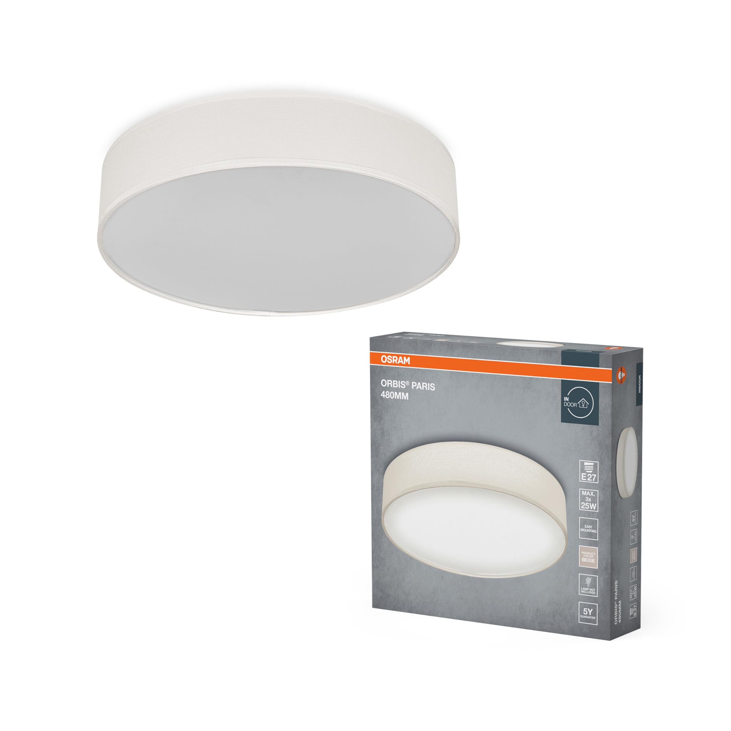 OSRAM Plafón ORBIS PARIS 480mm, beige, casquillo 3xE27, puede equiparse con lámpara smart, diseño moderno, apto para interior, redondo, IP20