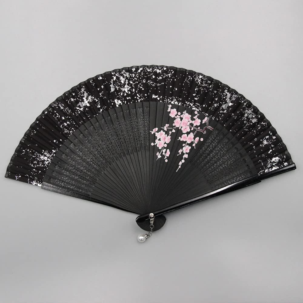 RWRAPS Abanico Plegable, Abanico Plegable De Mano con Marco Tallado De Bambú/Flor De Ciruelo Bronceada/Abanico De Mano De Seda Japonesa con Decoración Colgante De Perlas,Gris (Gris) (Oro)