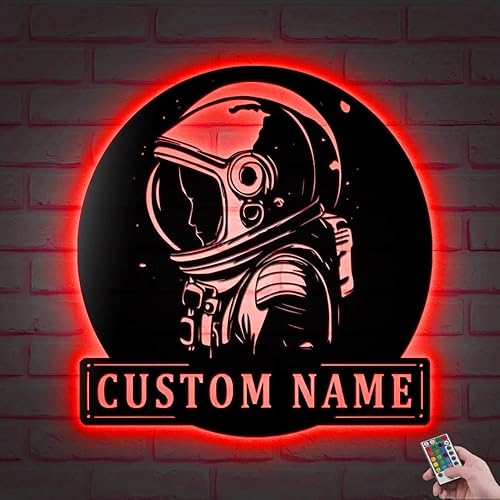 Miniatura 3 de Arte de pared de metal de astronauta personalizado, luz LED, letrero de nombre de cosmonauta personalizado, decoración del hogar, nave espacial,