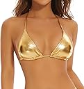 Gatielzana Halter Metallic Crop Top Shiny Triangle Bralette Rave Bra Swimsuit Top