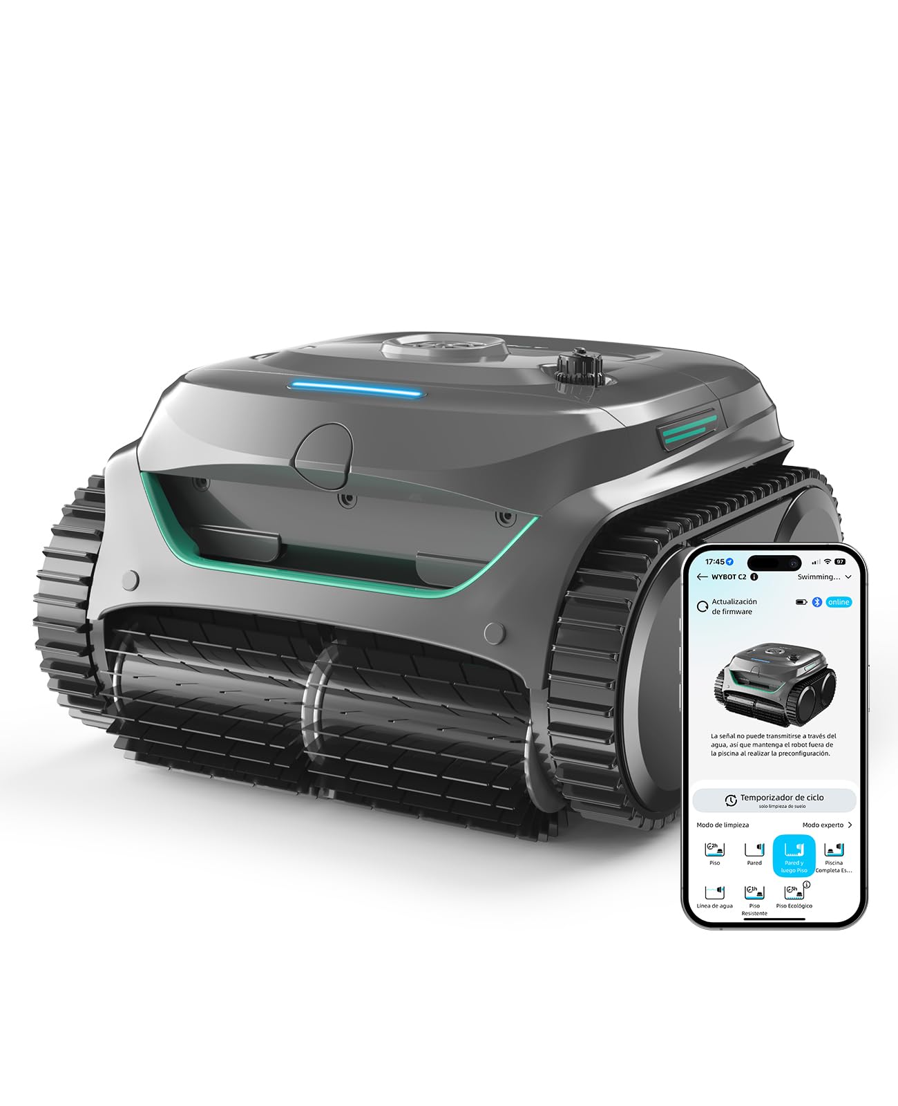 WYBOT C2 Limpiafondos Piscina Robot Inalámbrico, 3 Motores, Doble Filtración, Limpieza Paredes y Línea de Agua, Autonomía 180 Min, para Piscinas Enterradas hasta 150㎡, App(Gris-Verde Gris)