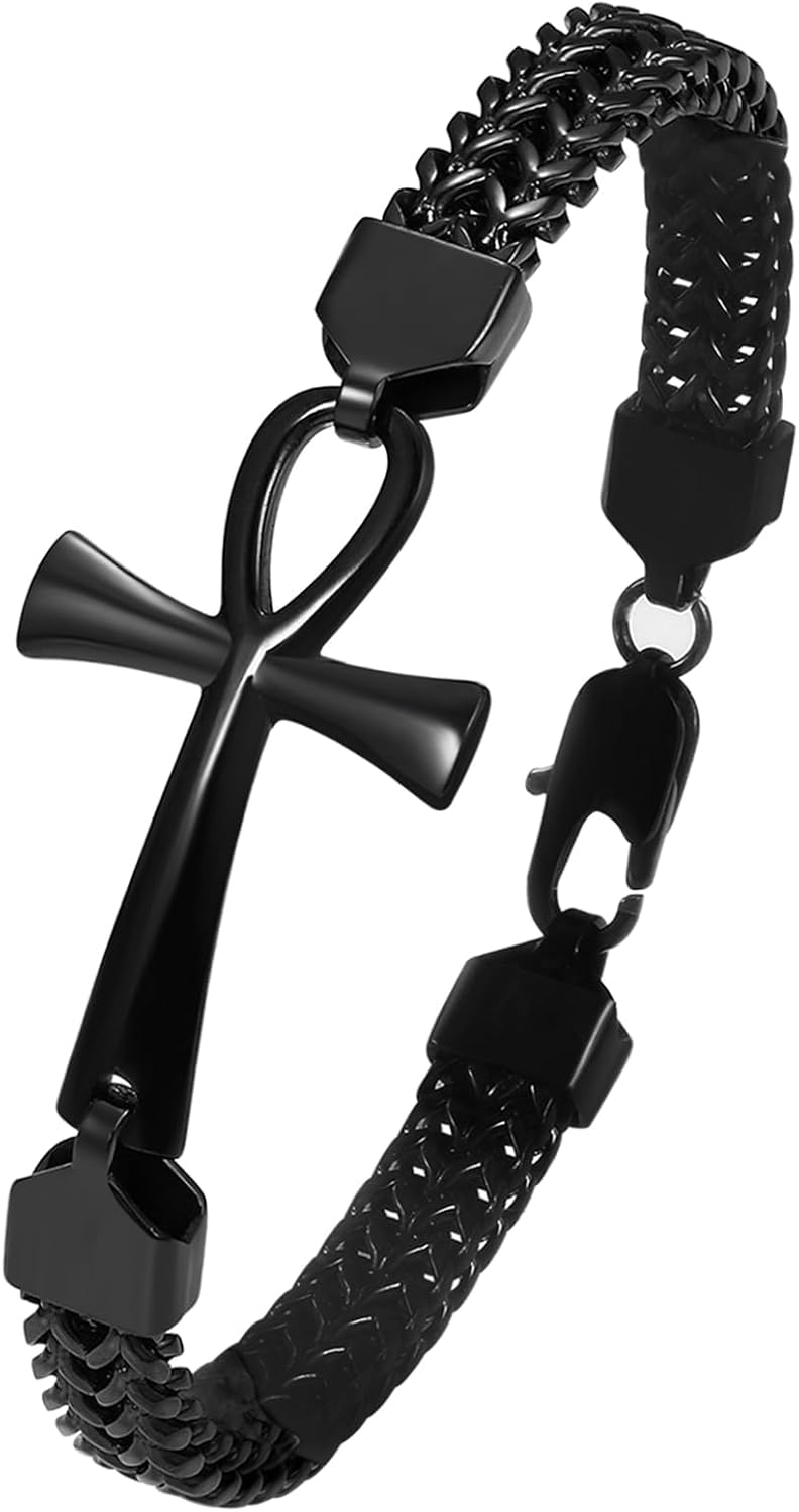 Ankh Cross Bracelet for Men: Stainless Steel Punk Hip Hop Double Layered Braided Franco Chain Bracelet Egyptian Ankh Amulet Jewelry Gifts for Christmas Birthday Husband Son Boyfriend