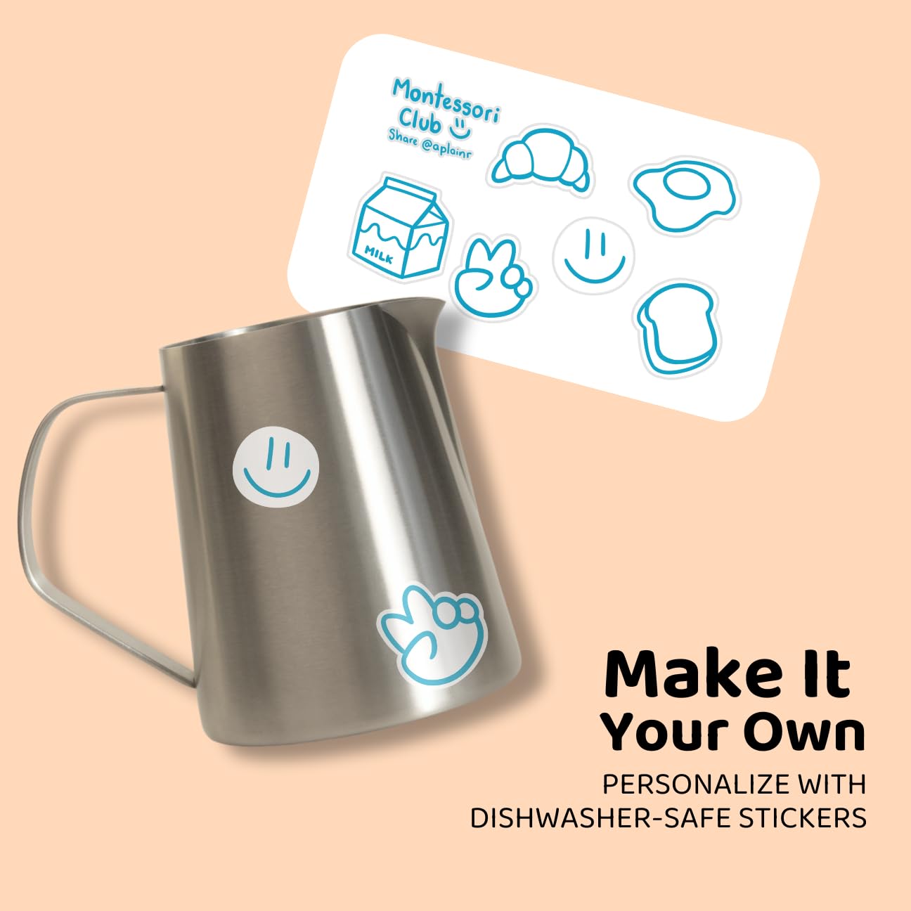 APLAINR Montessori Pitcher for Toddlers & Kids, Mini Stainless Steel Pitcher for Children, Small Milk & Water Jug for Montessori Pouring Practice, Personalize with Stickers, 11 fl oz, 3.8 inch High - Image 3