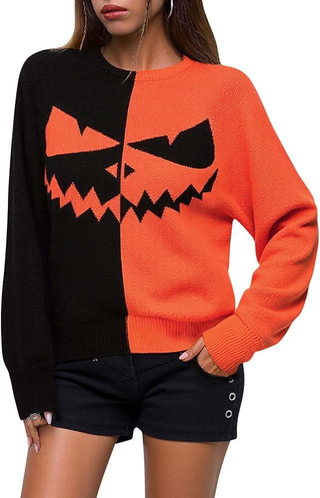 QIANSIQIANBO Women's Skeleton Knit Sweater Crewneck Long Sleeve Color Block Halloween Sweater Casual Ghost Jumper Tops