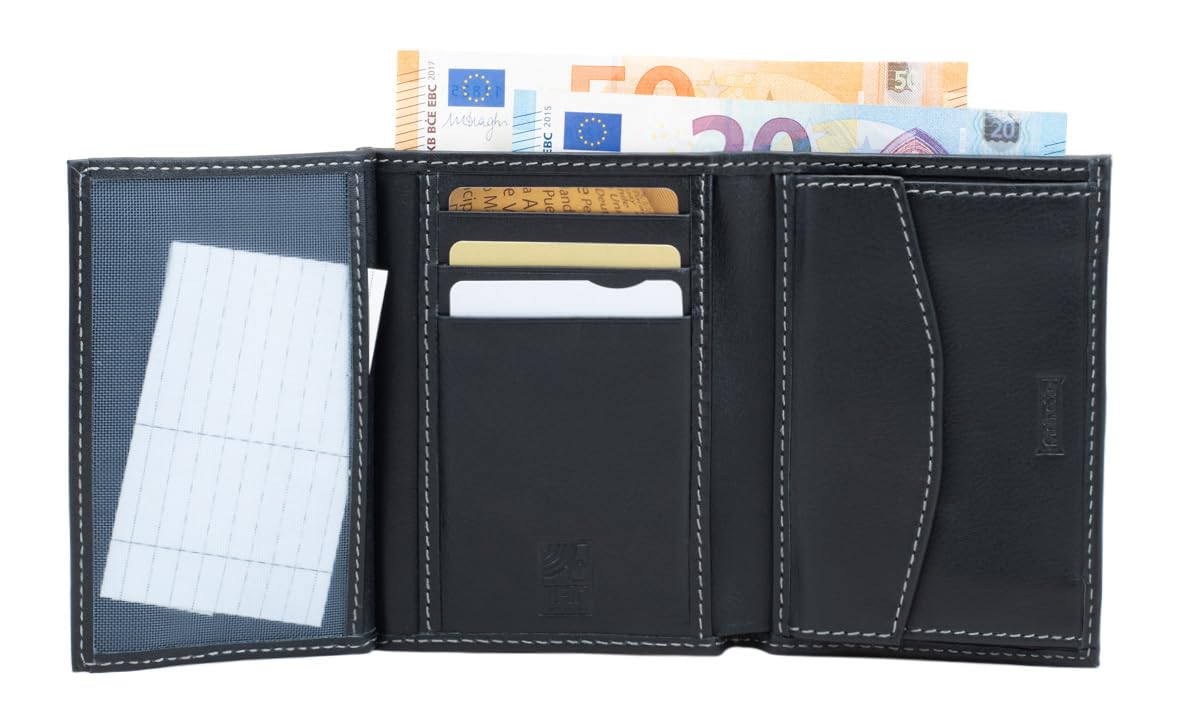 PE207 Cartera Negra de Piel Legitima con Monedero Interior para Hombre | Billetera con Protección RFID, Doble Billetero.