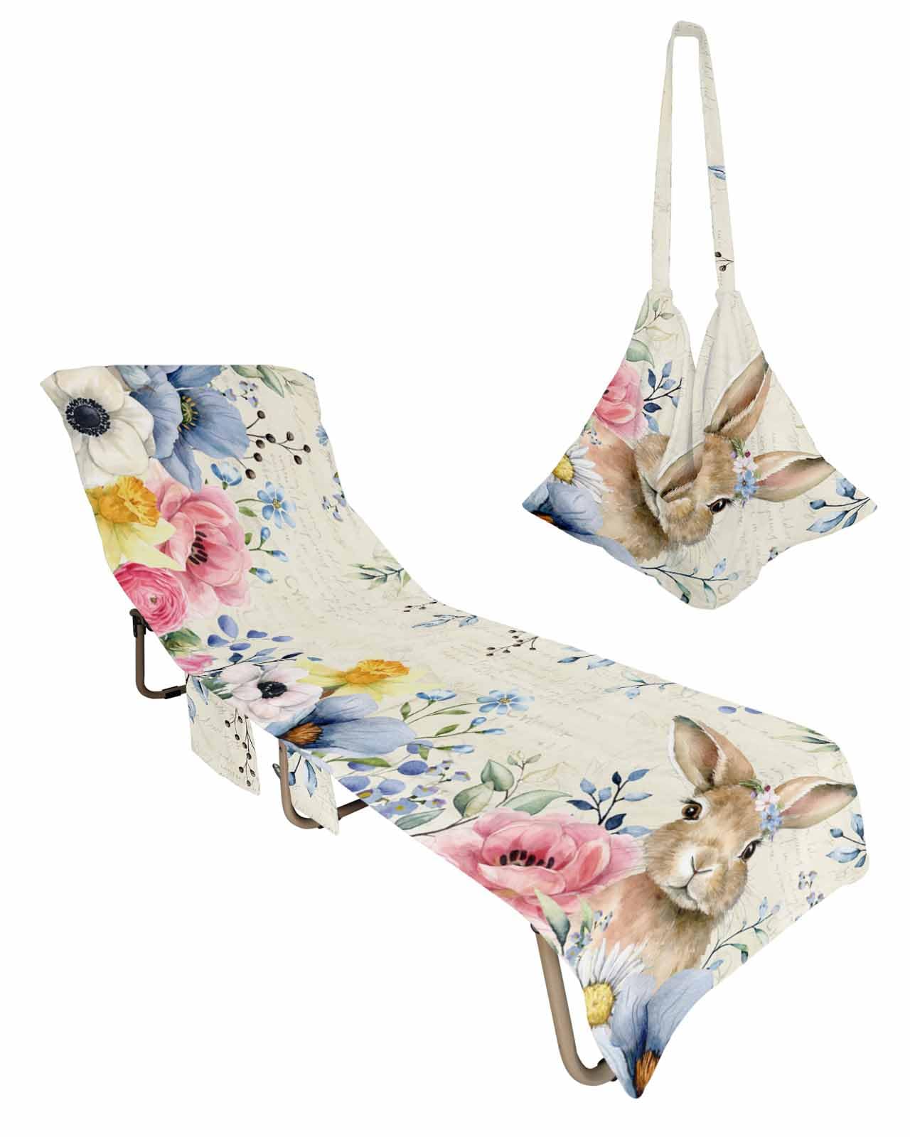 Rustic Easter Beach Lounge Chair Towel Cover, Soft Chaise Lounge Towel with Side Pockets Patio Pool Chairs Cover for Beach/Pool Sunbathing 29x85 Spring Floral Botanical Bunny Farmhouse