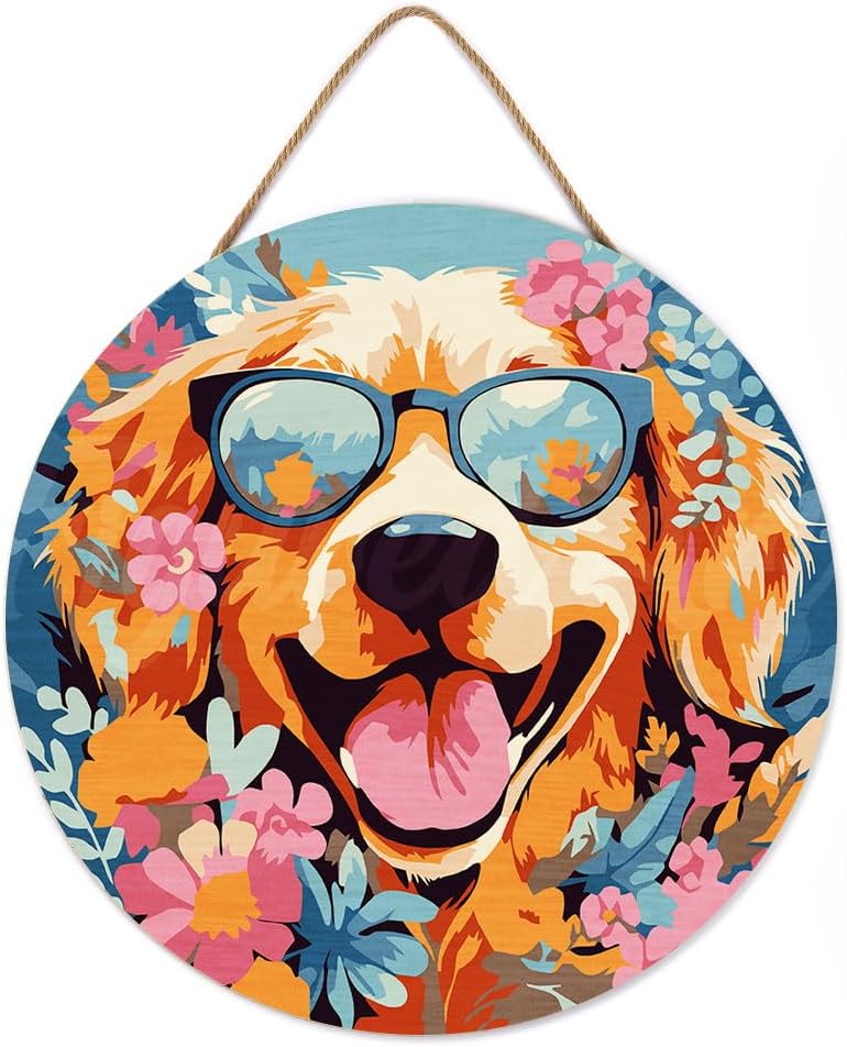 Figured'Art Paint by Numbers Kit for Adults on Wood Slice, 11.8in Diameter - Fantasy Dog and Flowers - Craft Art Painting DIY Canvas