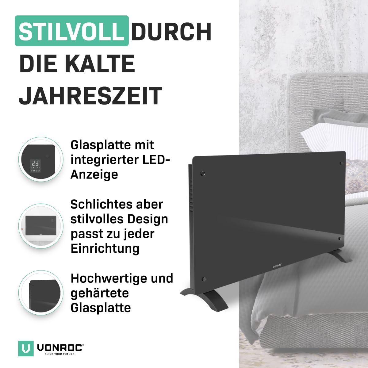 Vonroc Elektroheizung energiesparend 2500W - Konvektor Heizung [30qm Räume] | Mobile Elektrische Heizung [App/Touch Steuerung] - Heizkörper 2in1 Wand-/Bodenmontage - Grau