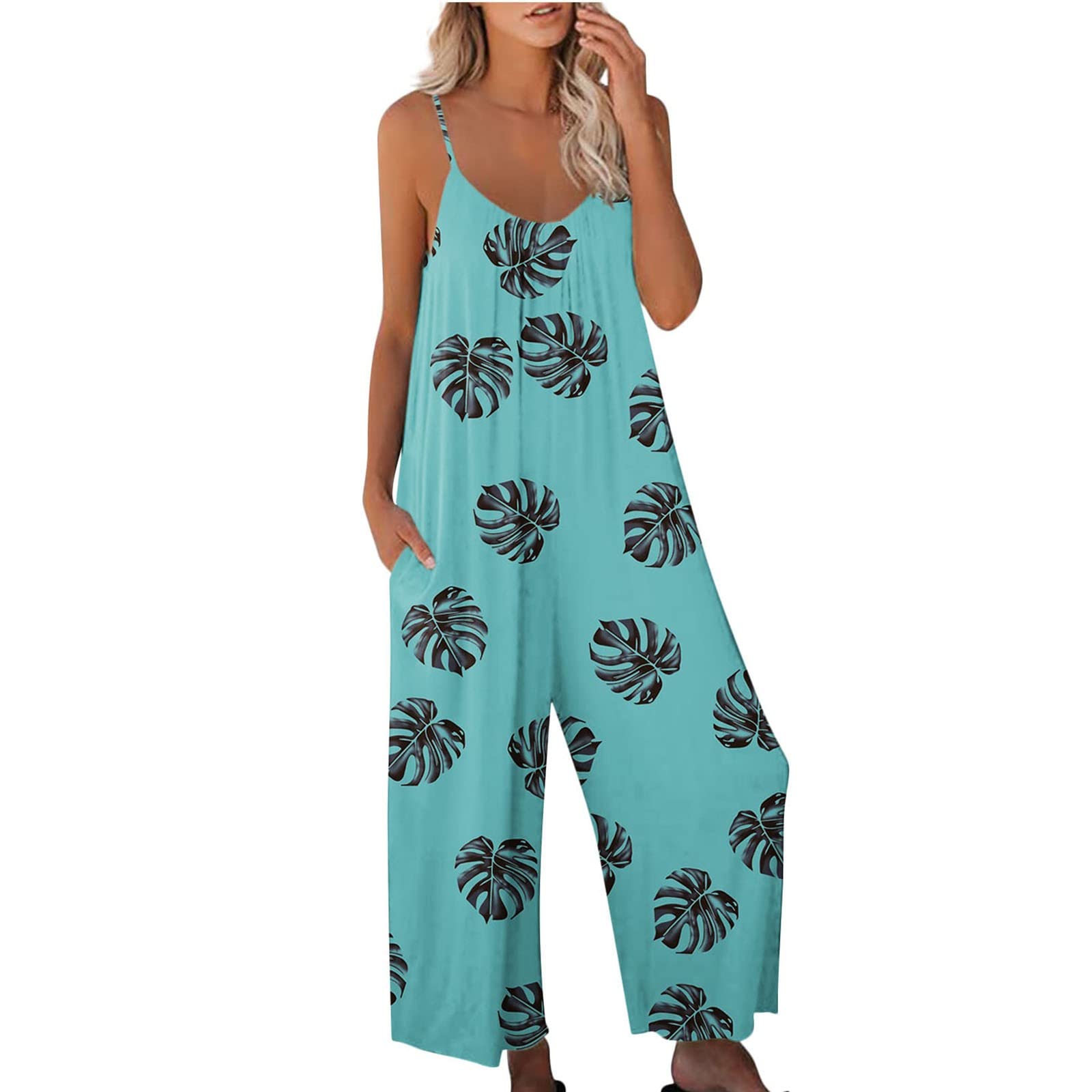 L9WEI Mono largo para mujer, estilo bohemio, para verano, informal, cuello en V, elegante, suelto, sin mangas, con bolsillos, estampado