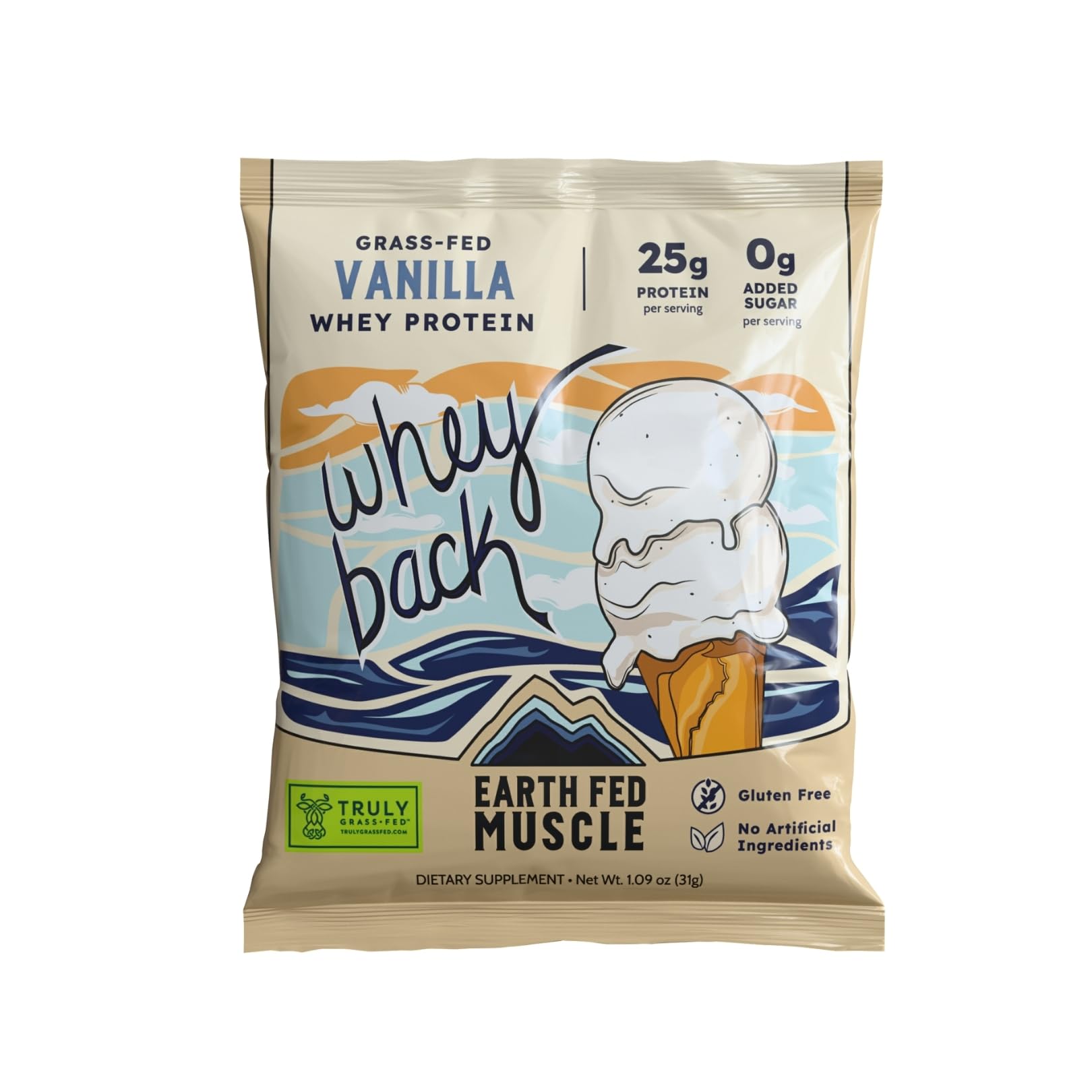 Earth Fed Muscle Whey Protein Isolate sabor baunilha 25 g, 1 sachê