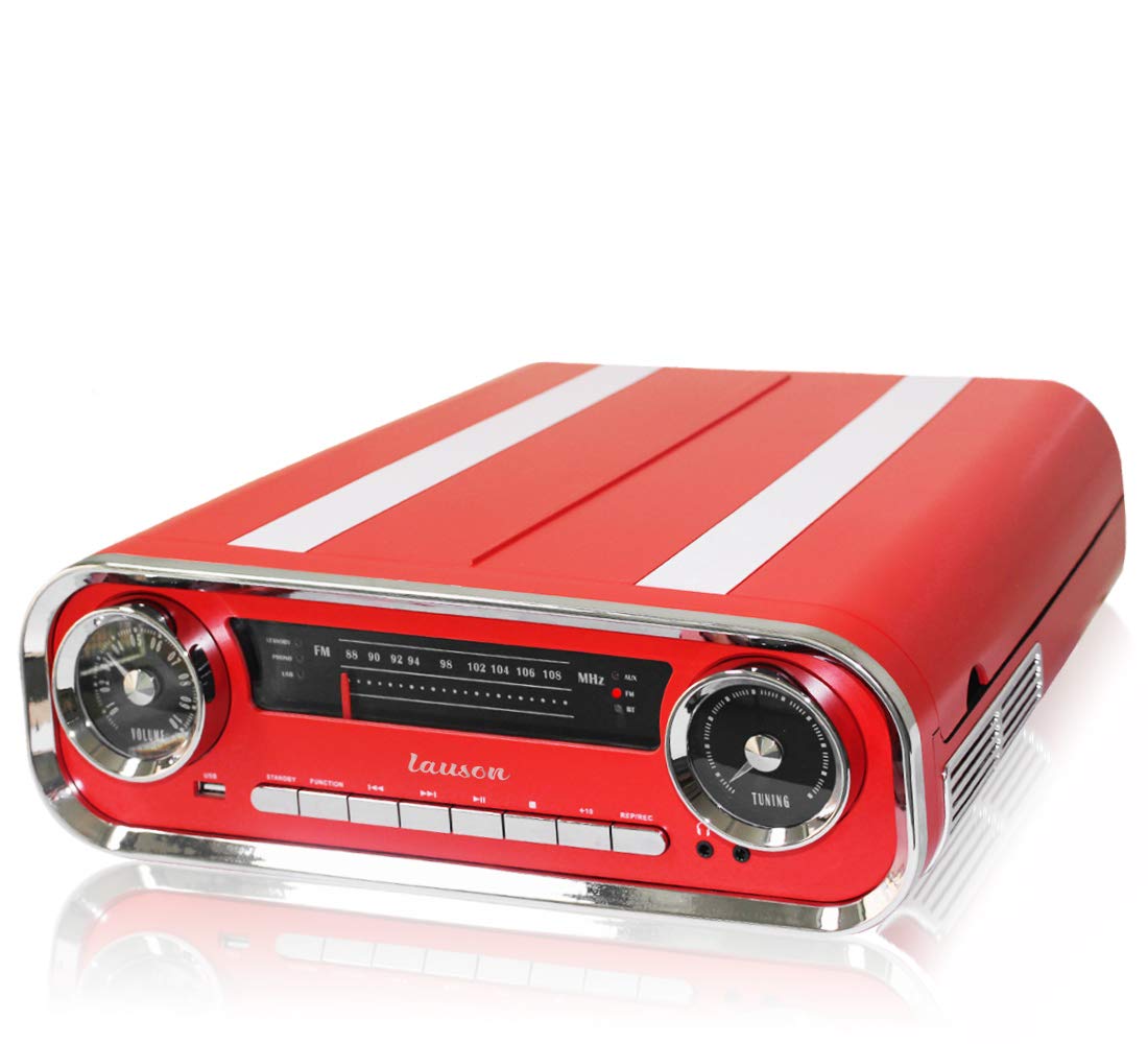 Lauson 01TT17 Tocadiscos Diseño Vintage Coche de Colección con 2 Altavoces Estéreo Integrado de 3 W | Tocadisco Vinilo con Radio FM, Función Bluetooth, USB, AUX | 3 Velocidades (33, 45, 78) (Rojo)