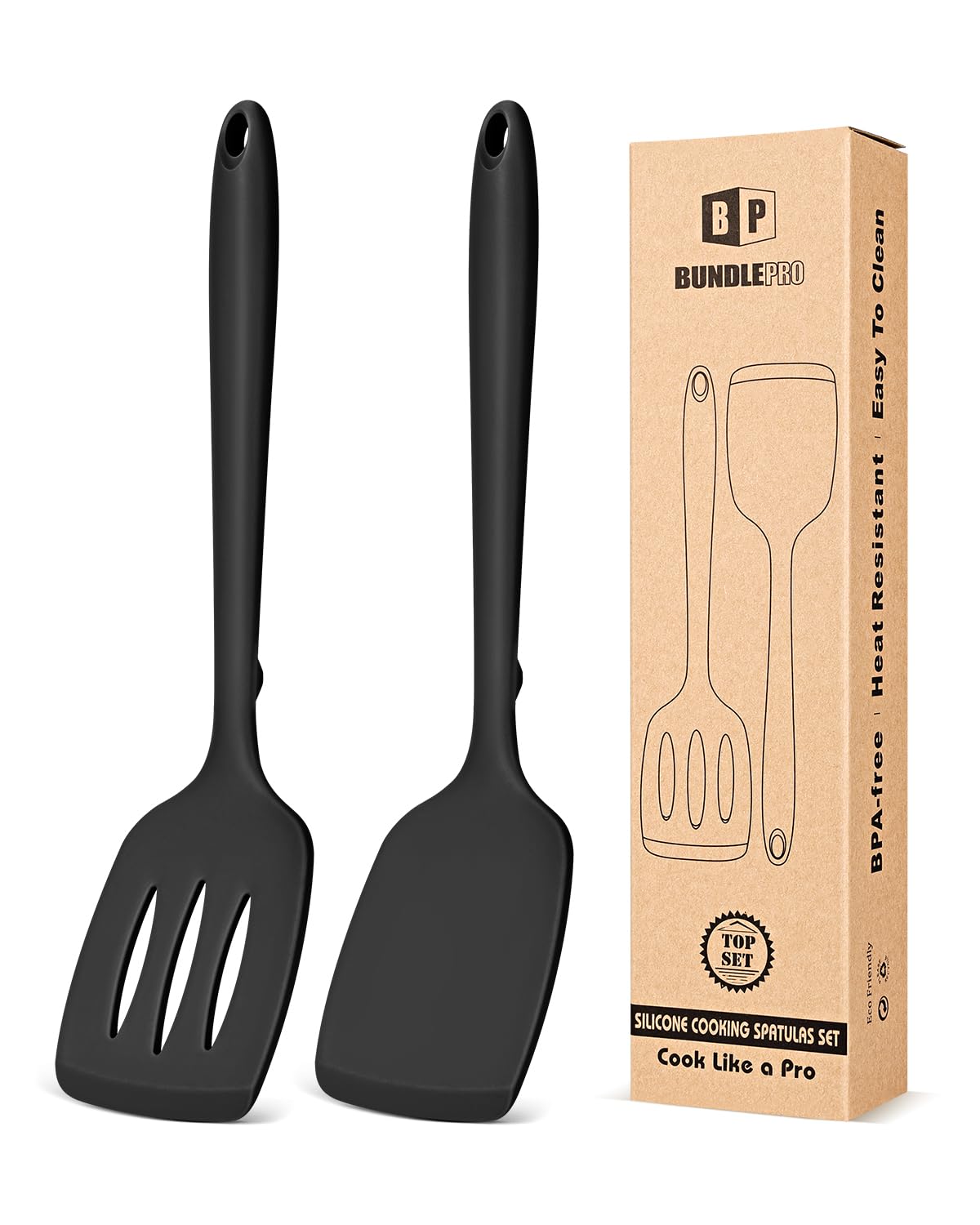 Paket von 2 Silikon Spatel Dreher, Non-Stick Schlitz Küche Spatel Set, Hitzebeständige BPA freie Küchenutensilien, Volle Silikon Design, geeignet für Flipping Fisch, Eier, Steak, Pfannkuchen (Schwarz)