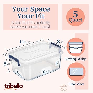 Tribello Plastic Storage Bins with Lids, Clear Stackable Storage Containers - 5 Qt - 3 Pack