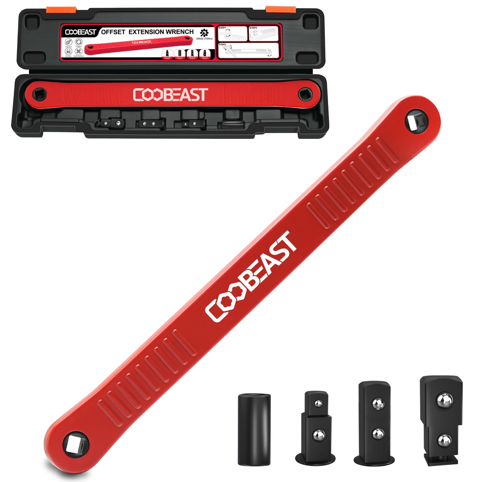 coobeast Red Offset Extension Wrench Impact Ready Socket Wrench Extender Tool with Versatile 1 4 3 8 and
