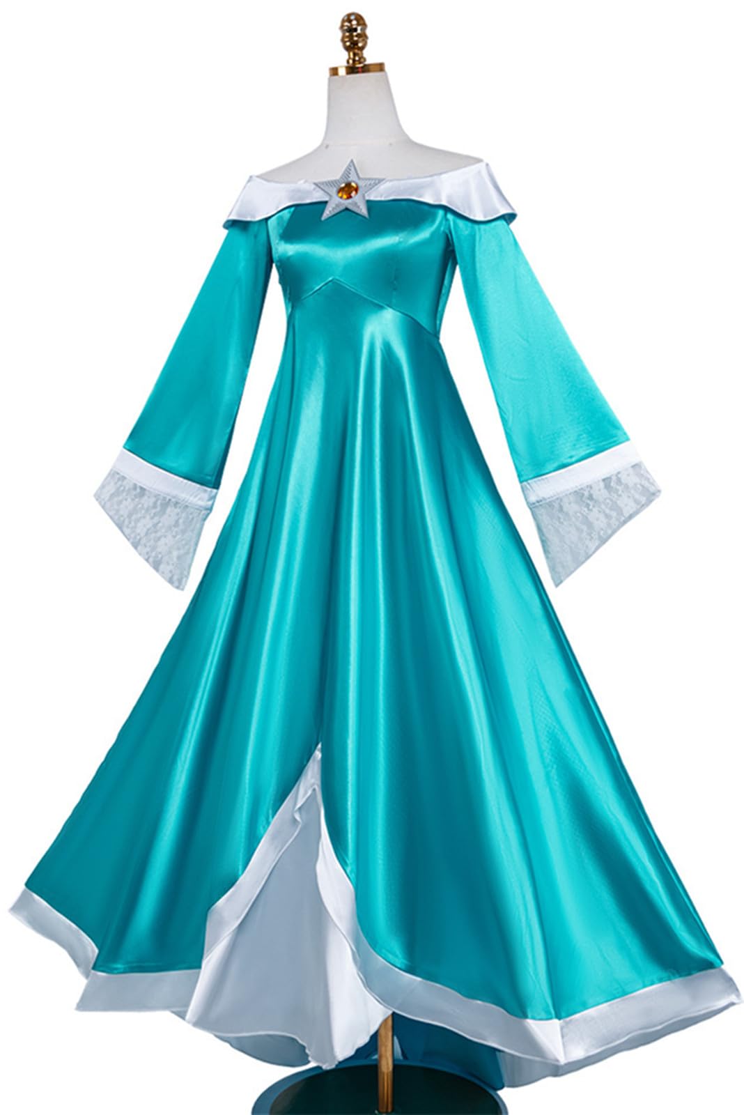 Rosalina Kostüm mit Krone Damen Fasching Cosplay Prinzessin Lange Abendkleid und Ohrringe Zauberstab für Weihnachten Karneval Halloween Party Geburtstag Maskenball Fancy Ballkleid Verkleidung 02