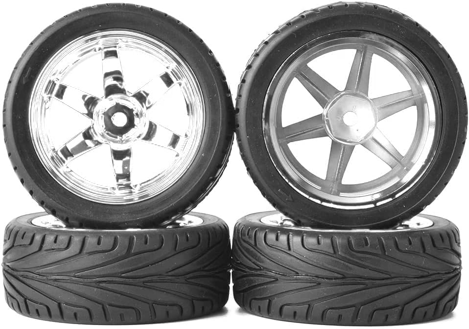 KINGCOO 4PCS 1:10 RC Car Tyre 65mm Rubber Tires and Plastic Wheel Rims for 1/10 On-Road Racing Touring Drift Car Spare Parts for HSP Tamiya HPI Kyosho (Silver) - Image 3