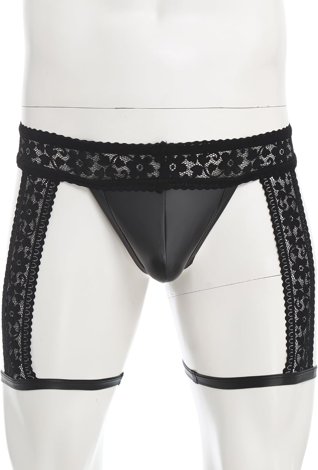 Sywiyi Men's Sissy Lingerie Panties Shiny Leather Pouch G-String Thongs Underwear with Lace Tirm Garter