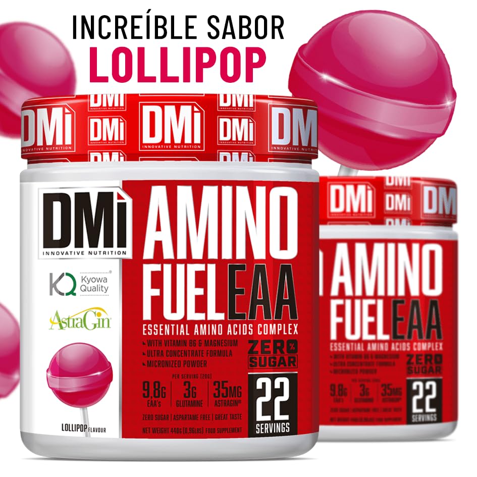 DMI INNOVATIVE NUTRITION Amino Fuel EAA 440 g Sabor Piruleta – Complejo de Aminoácidos Esenciales con Glutamina Kyowa Quality®, Magnesio y Vitamina B6 – Recuperación y Masa Muscular – sin Azúcar