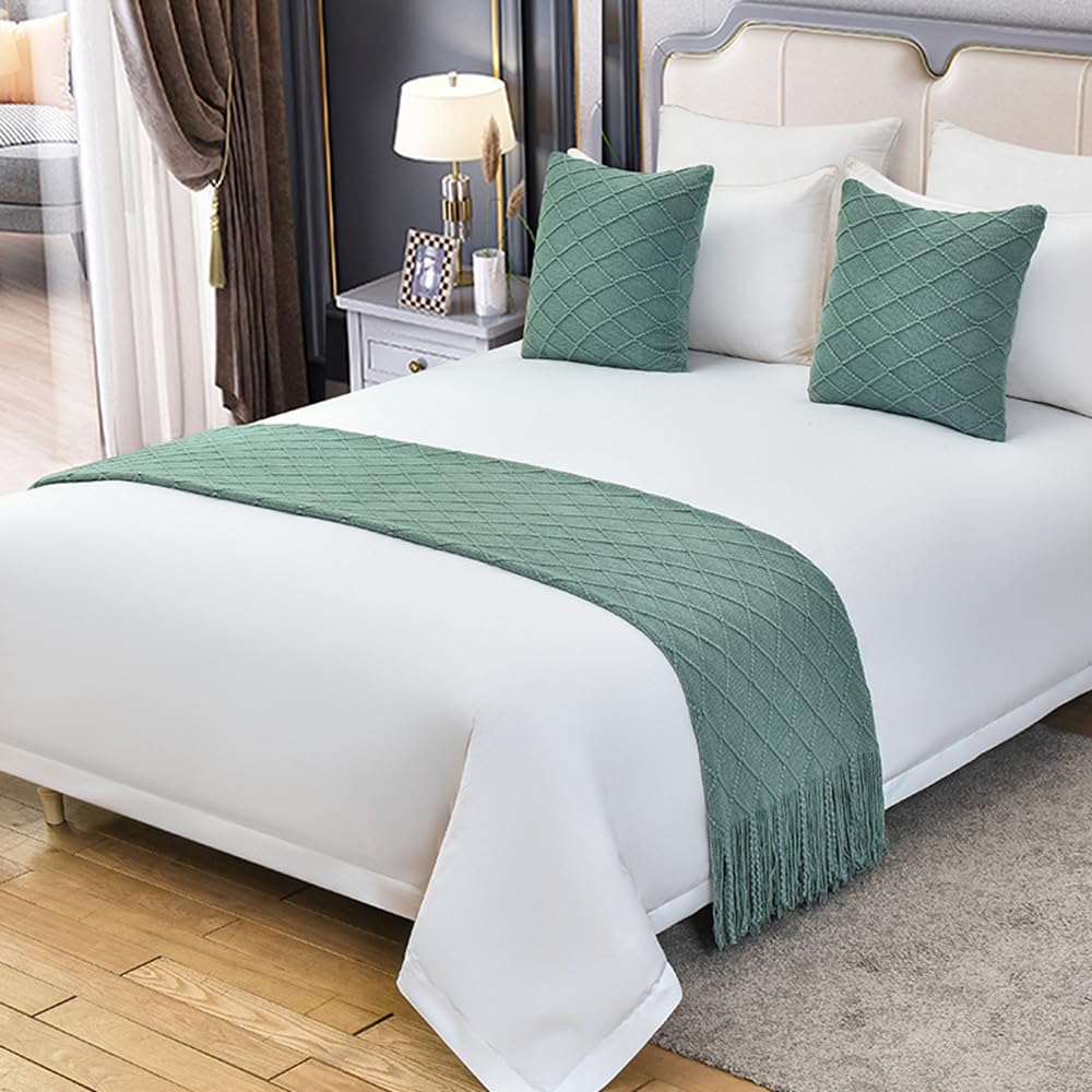 QRGMKLSolid color Knitted Bed Runner Bedspread Diamond Pattern Bed Scarf Luxury Blanket Bedding Decor Premium Sofa Towels for Bedroom and Hotel-Dream Green||220X60cm for 1.5m Bed