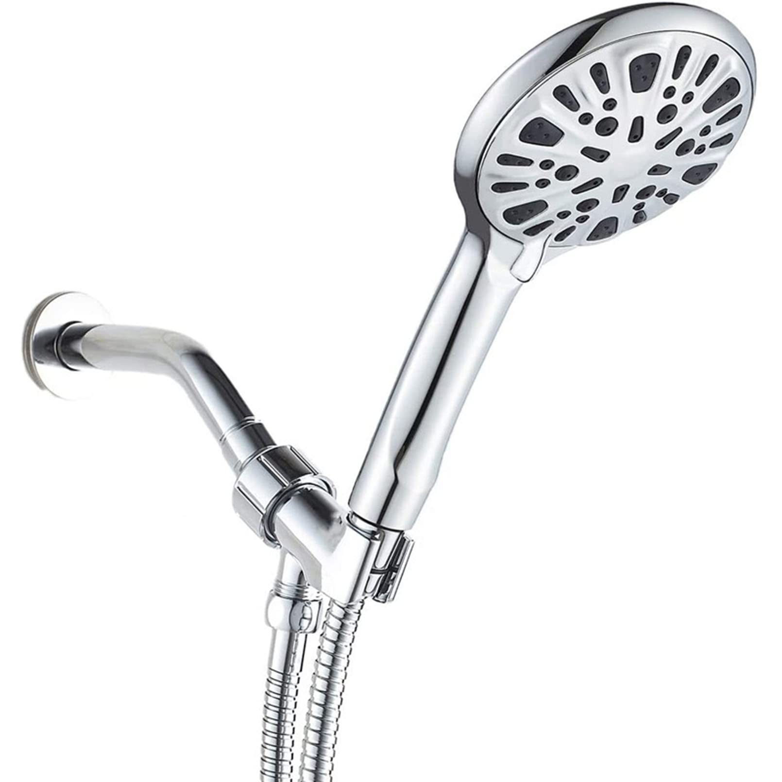 Cabezal de Ducha Tipo Lluvia 9 Posiciones, Combinado con Soporte y Manguera de 60 Pulgadas, cómodo botón de Control de caudal para un fácil manejo con una Sola Mano, Acabado en Cromo