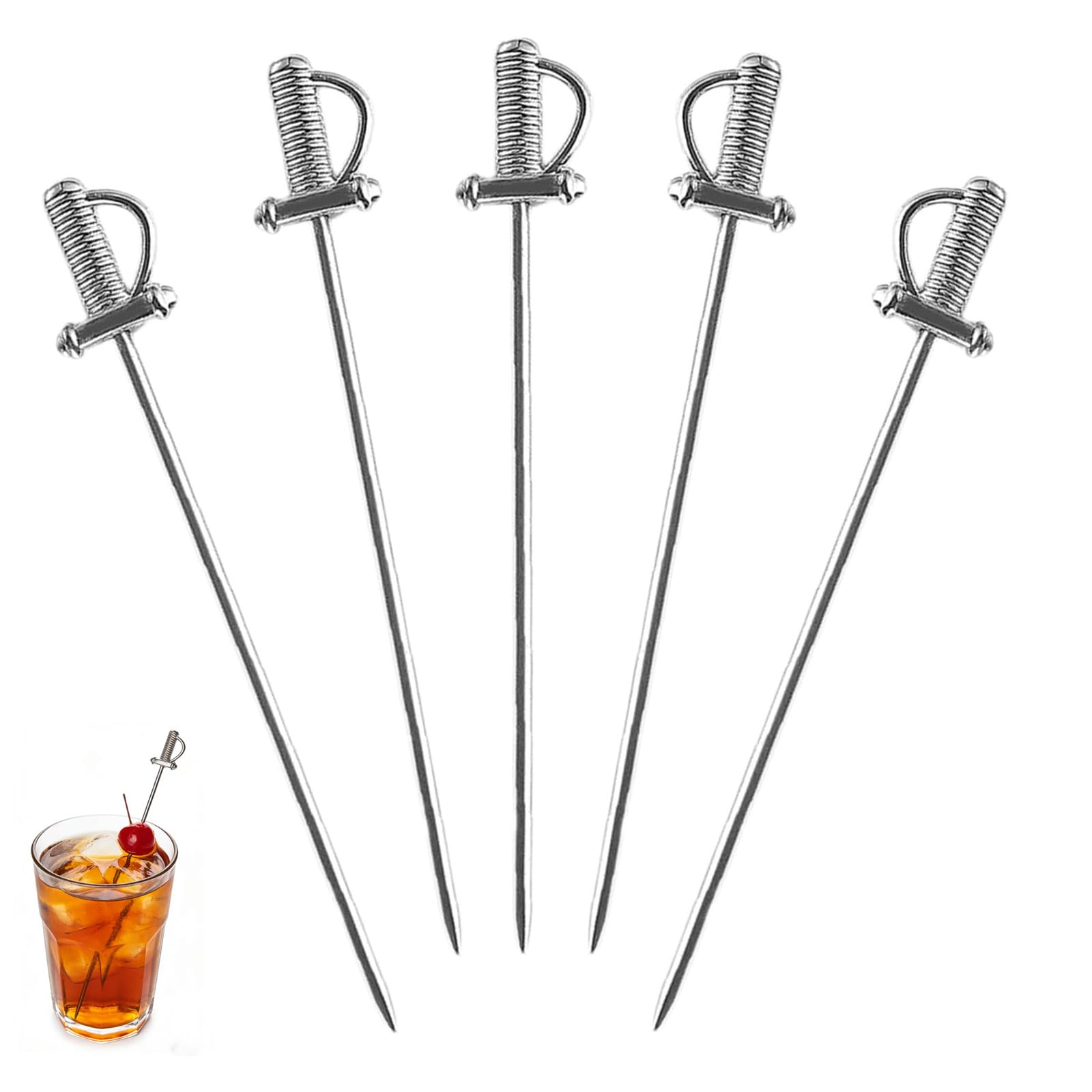 Bastoncini da cocktail in acciaio inox, 5 bastoncini da cocktail retrò, spiedini di oliva Martini, stecchino per bevande per bar e uso domestico, stuzzicadenti durevoli per antipasti, contorni e