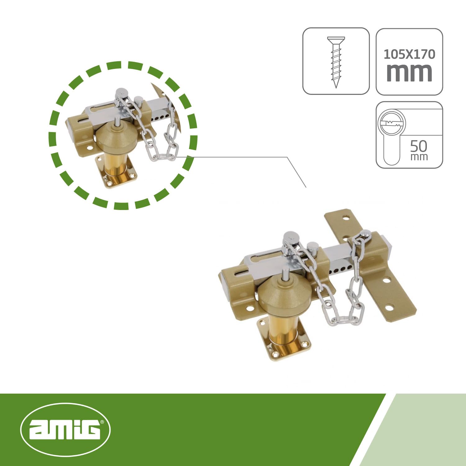 Amig - Surface-Mounted Bolt with Round Cylinder, Latch, and Chain Mod. 1C, Martele, 105 x 170 mm - Image 2