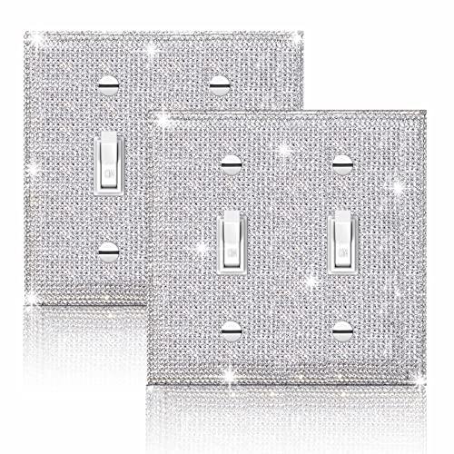 Image of 2 Pcs Shiny Silver Rhinestones Wall Plate Cover, Double Gang Toggle Outlet Covers, Bling Light Switch Cover