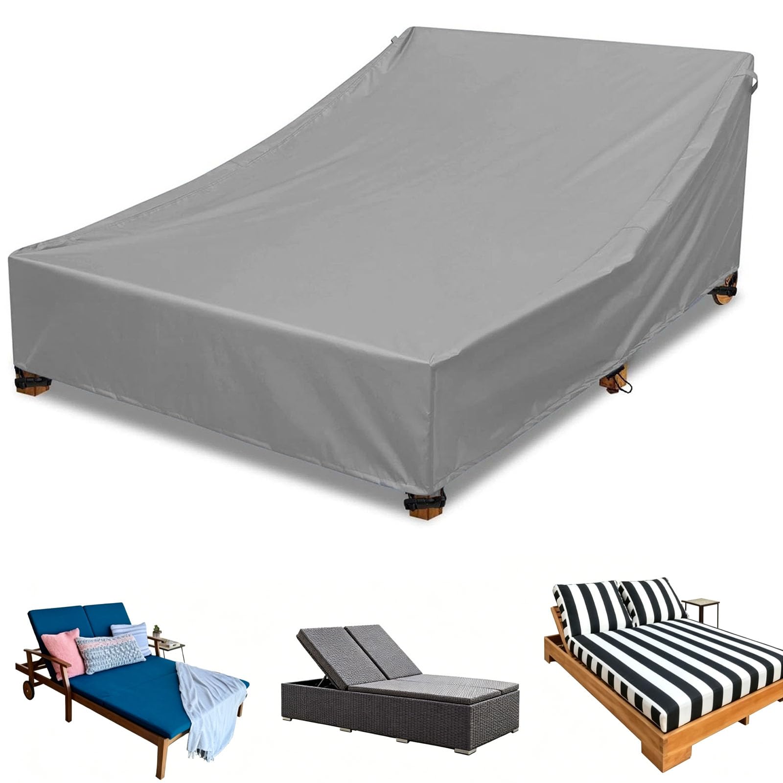 Waterproof Outdoor Garden Two People Sunbed Cover,Garden Sun Lounger Covers,Rattan Two People Sun Lounger Covers Heavy Duty Oxford Fabric Patio Sunbed Lounger Cover(Size:210D-209x145x28cm,Color:Gray)