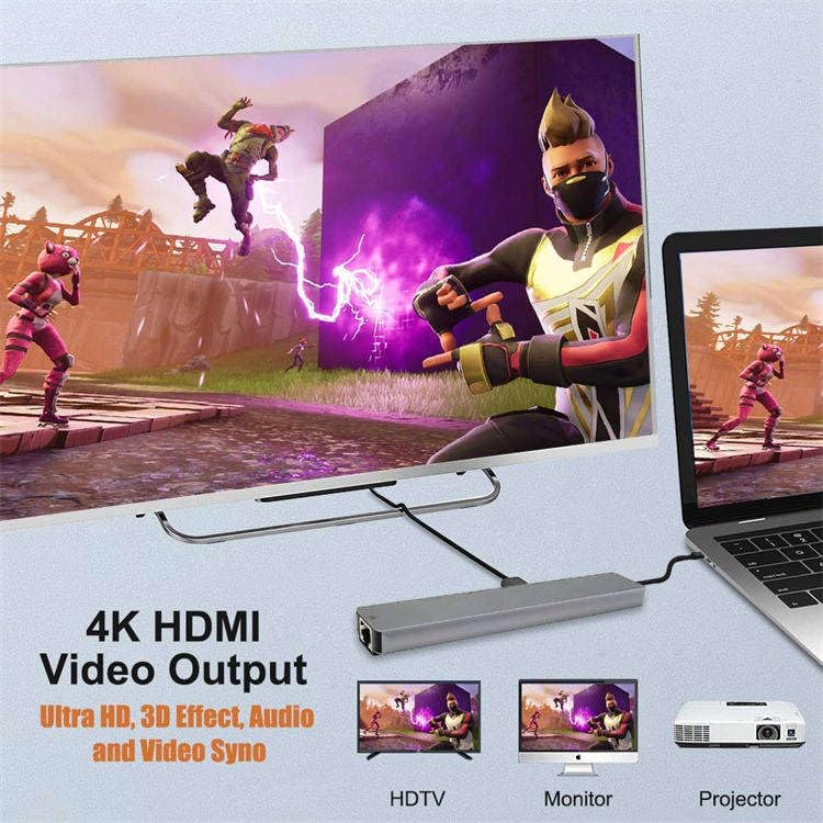 Image of Mport 8 Plus Dual Plug 8-in-1 Docking Station /Hub with HDTV, USB*2, USB C Female Port, USB C Male, Rj45, microSD /SD Card Reader, Type-C Data, USB 2.0, Type-C and USB Plug for Laptop, Mac, PC