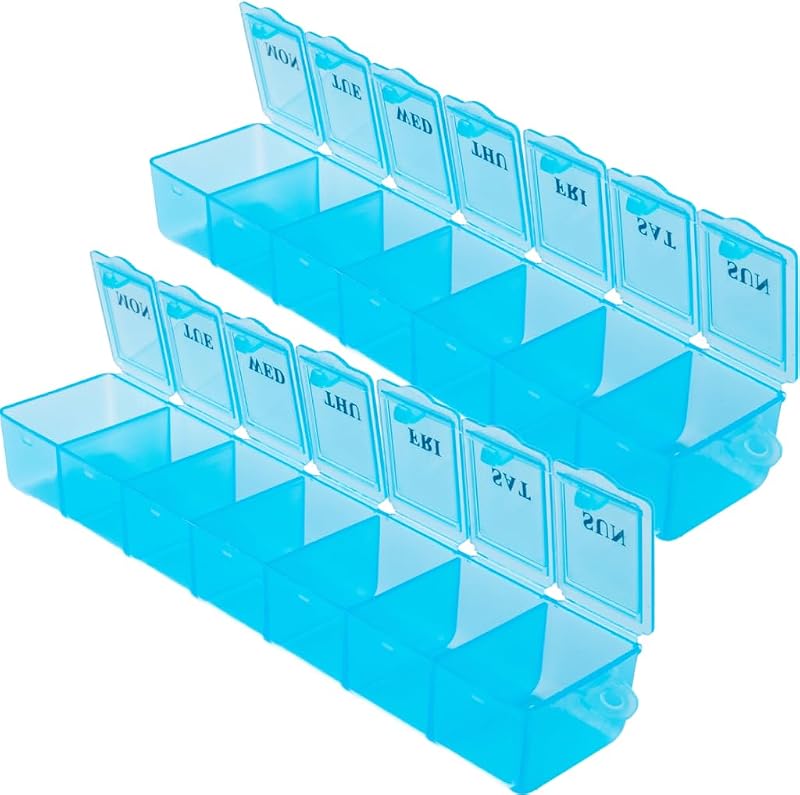 2 Pack Pill Box Weekly Pill Organizer Blue - Daily Pill Organizer, 7 Days One-Time-A-Day, Easy to Open Lids, Pop Up Compartments, Portable for Travels - Safe Material by December Springs