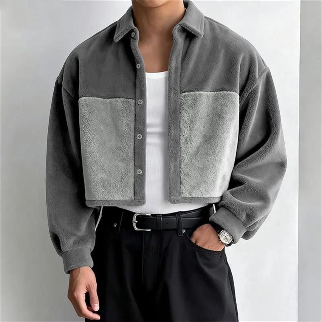 Men Winter Patchwork Fleece Lapel Long Sleeve Crop Shirt Loose Casual Leisure Top