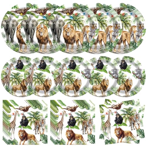 LLKJYXGS Jungle Safari Wild Animal Party Decorations 48Pcs Disposable jungle Zoo Animal Paper Plates and Napkins for Jungle Safari Zoo Theme Birthday Party Supplies