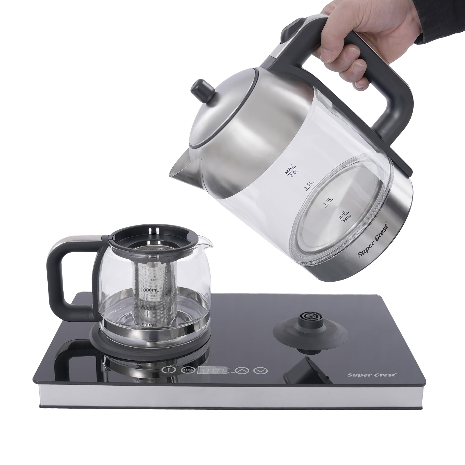 Bollitore elettrico a due bruciatori, 2 l, 1 l, 1500 W, multifunzione, con pannello di controllo touch, bollitore in vetro, per diverse bevande, caffè, tè